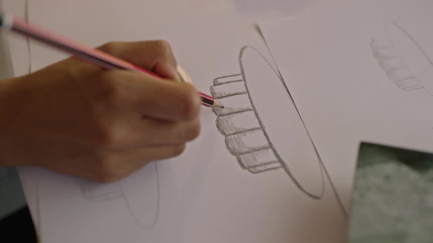 A woman is sitting at a desk drawing on a sheet of paper with a pencil