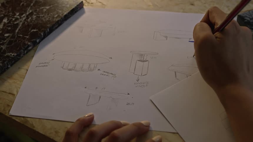 A woman is sitting at a table drawing on a sheet of paper with a pencil