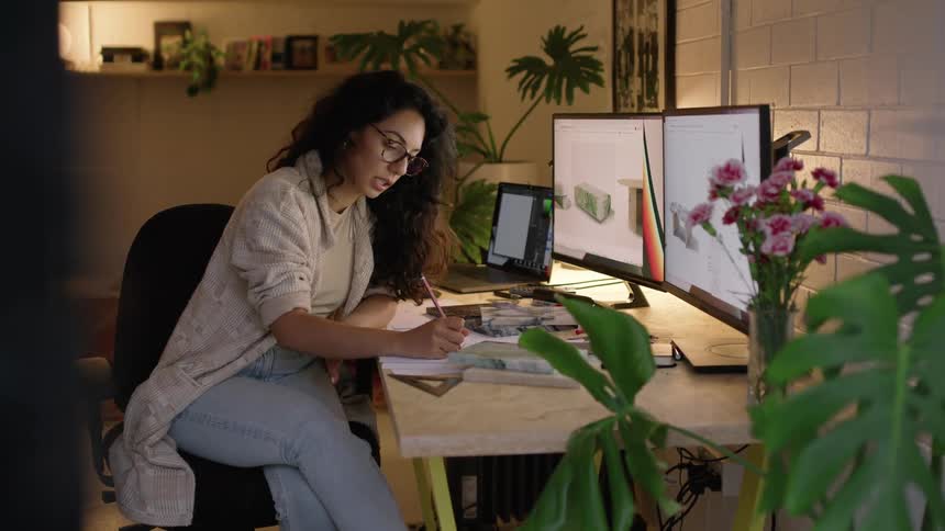 A woman sitting at her desk in front of computers drawing with a pencil