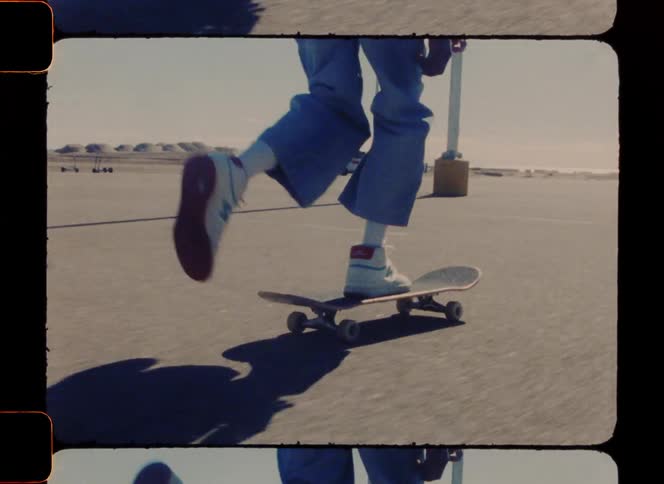 Skateboarder moves across parking lot on sunny day