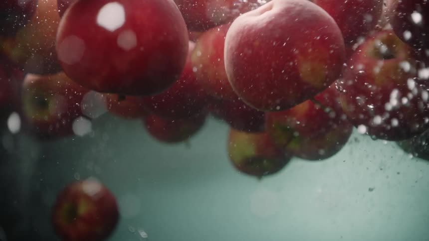 Apple Deluge: Abundance of Red Apples Falling into Water