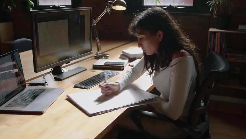 A woman sits at a table in an office in front of a computer and writes in a notepad