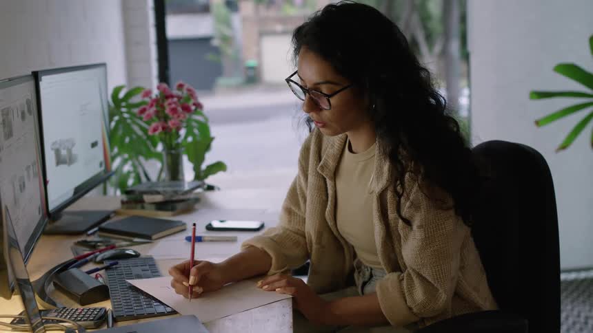 Young woman sitting at a desk in the office takes handwritten notes while reading on a computer screen
