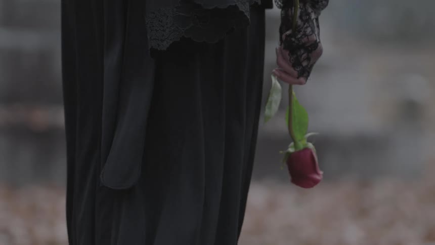 A mourning woman walks in a graveyard with a red rose