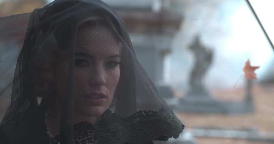A veiled woman has leaves blowing around her