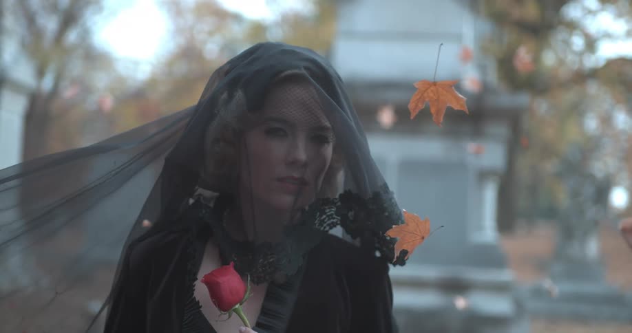 Woman wearing a black veil and holding a rose
