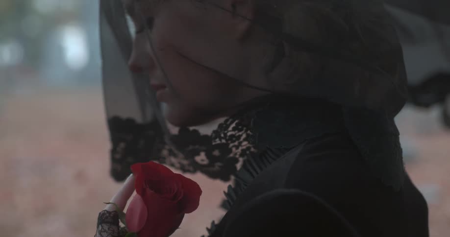 A woman with a veil is holding a rose