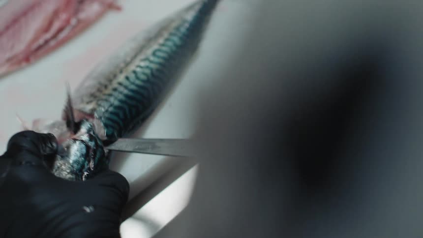 Chef wearing black latex gloves uses a sharp kitchen knife to slice and cut a fish