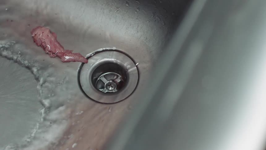 A person rinses a whole fish under a sink faucet