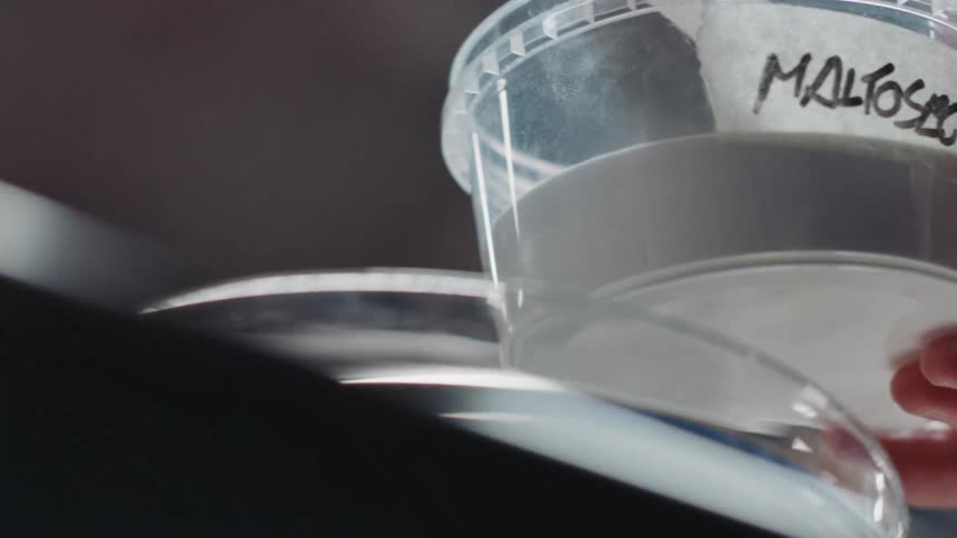 A person holding a plastic container scooping out white powder and putting it on a plate