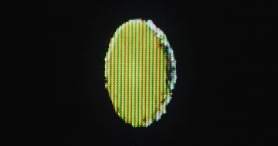 Digitized holographic slice of yellow pineapple rotates in the darkness projected on 90s computer screen