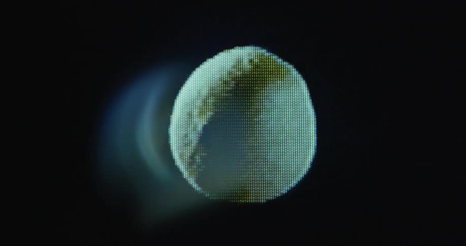 Close up of digitized turning organic kiwi fruit cut in half on glitching vintage tube TV with pixels