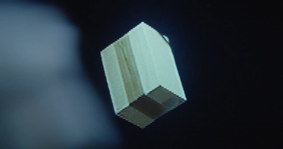 Digital cardboard shipping box with tape around floating and rotating in darkness during transportation on flickering retro computer screen