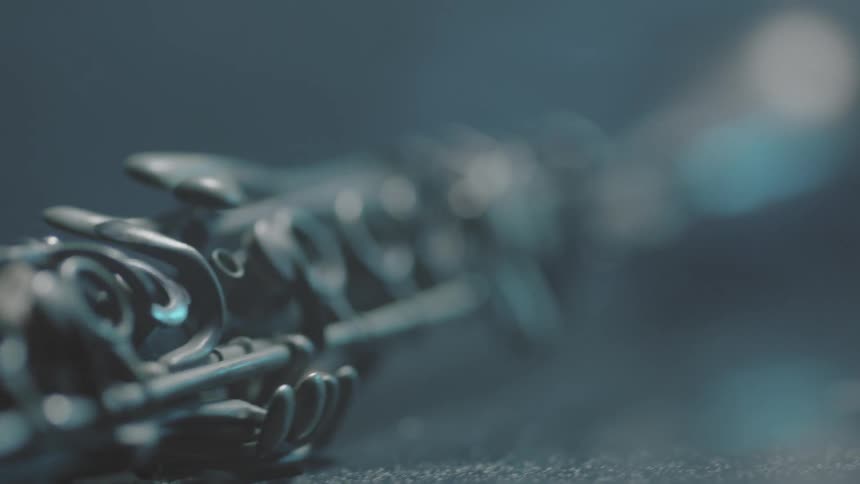 A musical instrument (possibly a clarinet) resting on a surface