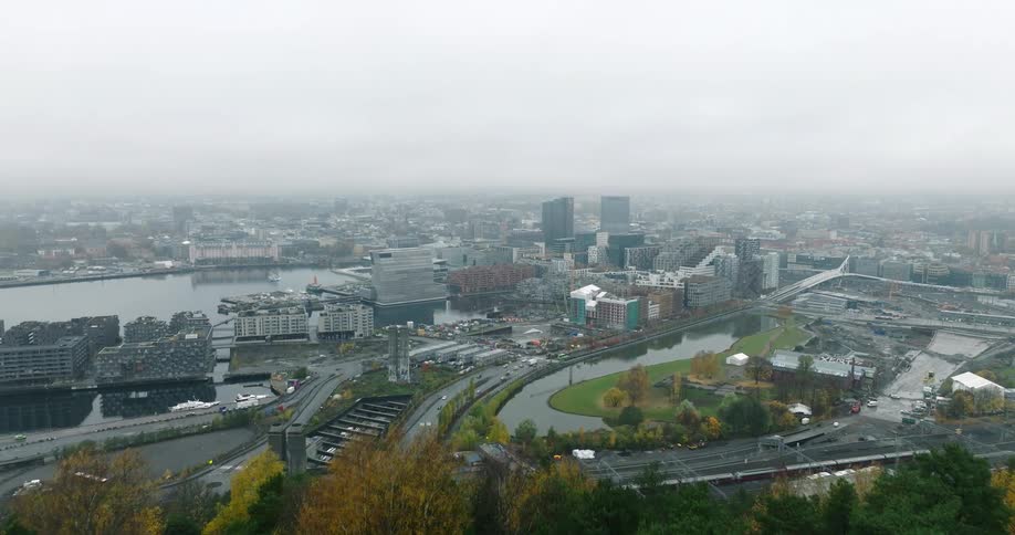 An aerial view of green trees and then giving way to a metropolitan area