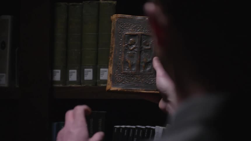 Man grabs a book from a bookshelf