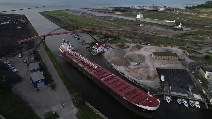 A large freight ship in a waterway docking area