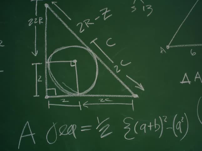 A green chalkboard with writing and equations on it in white chalk