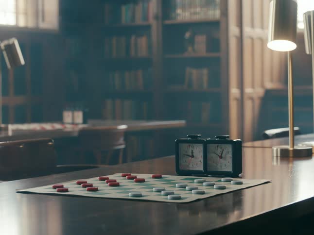 A lamp turns on over a chess board display table in a library