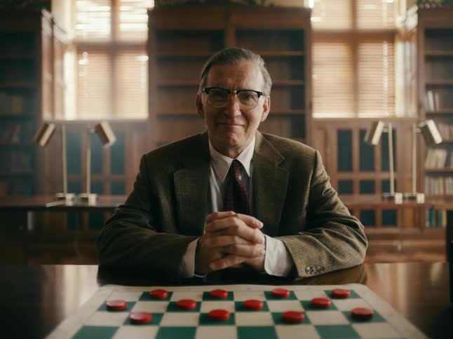 A man is sitting at a table in front of a checker game with his hands clasped as he smiles