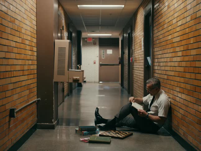 Middleaged academic man sitting in on floor in hallway grading papers
