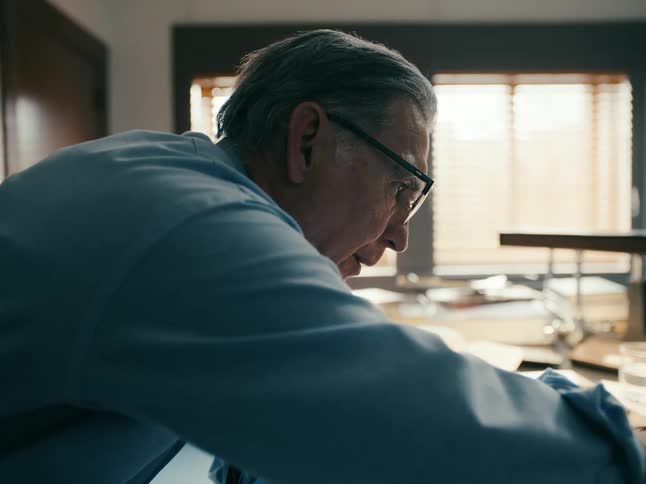 A man in an office is studying and playing a game of checkers by himself in the daytime