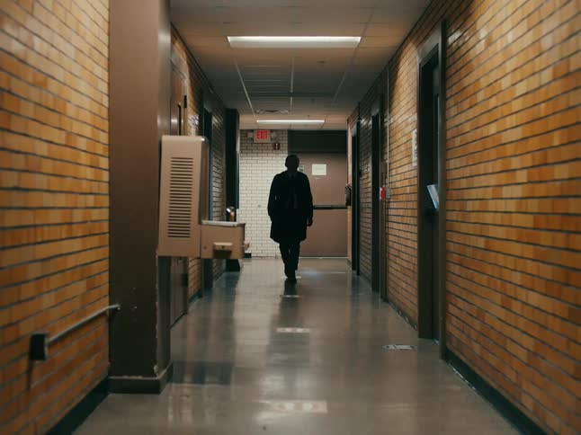 A man walks down the hall and enters a door