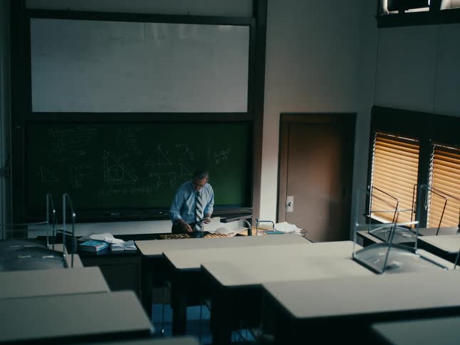 A teach in a shirt and tie in the front of the room organizing things on their desk