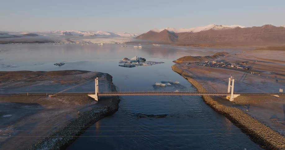 Aerial view of the bridge near jokulsarlon glacier lagoon