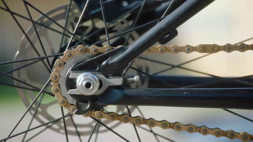 Close up view of a bicycle is displayed outdoors