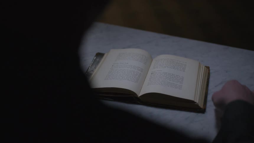 A man browses a book on a marble countertop