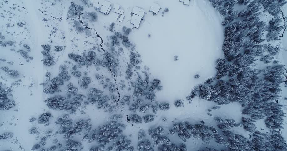 A drone in the air points straight down showing snow covering everything and lots of pine trees with some tiny houses in one small section