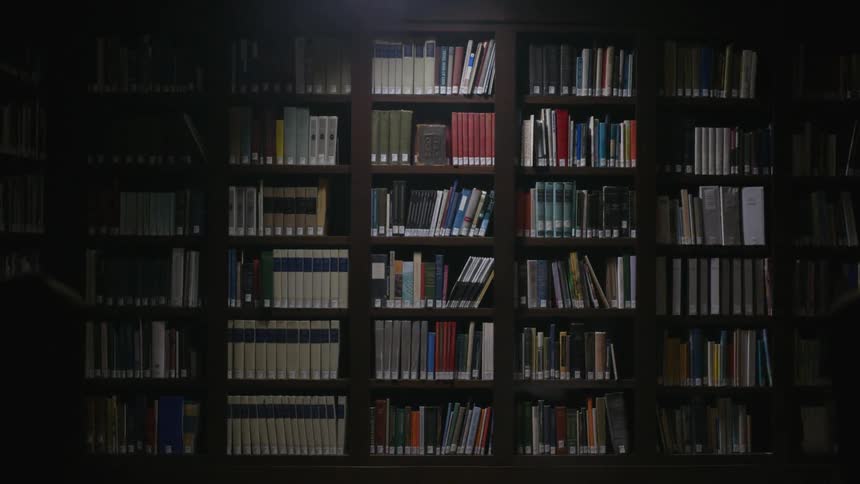 Shelves of books in a dark library