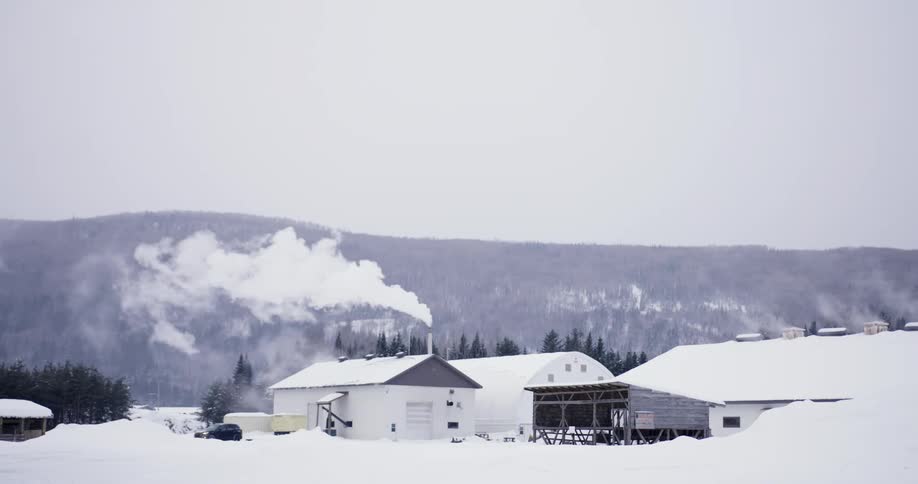 A long large white chicken coop and and white garage with white smoke rolling from the vent pipe and white domed farm building with a mountain backdrop blend with snow covered ground around them on a cloudy day