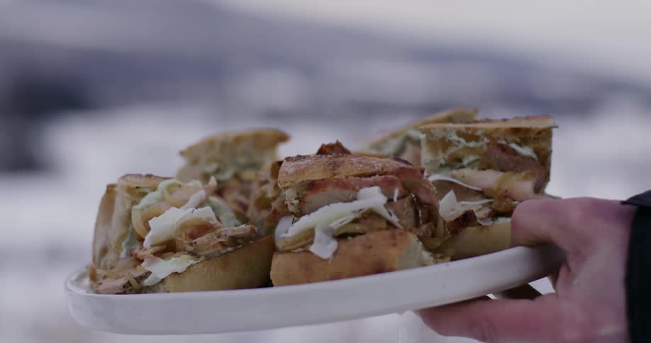 A person holds a plate full of sandwiches outside