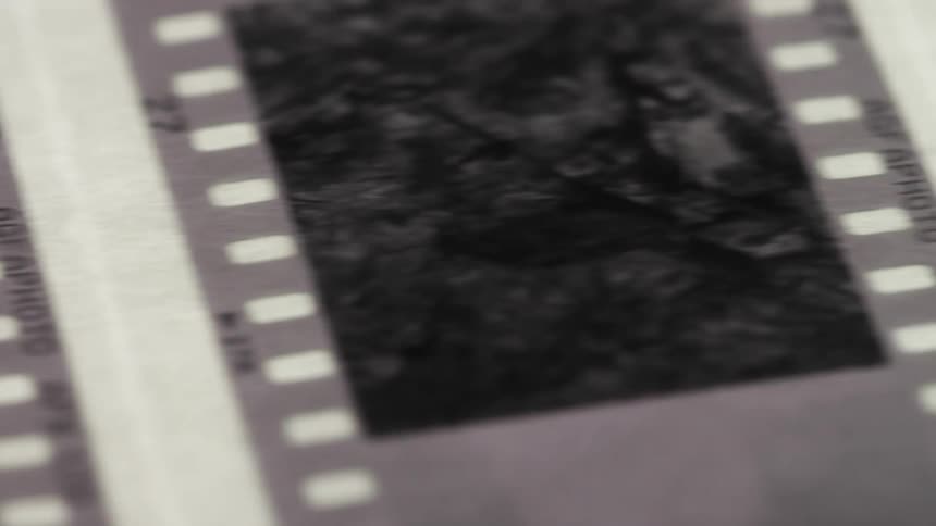 Strips of photographic film negatives are lying across a white illuminated surface