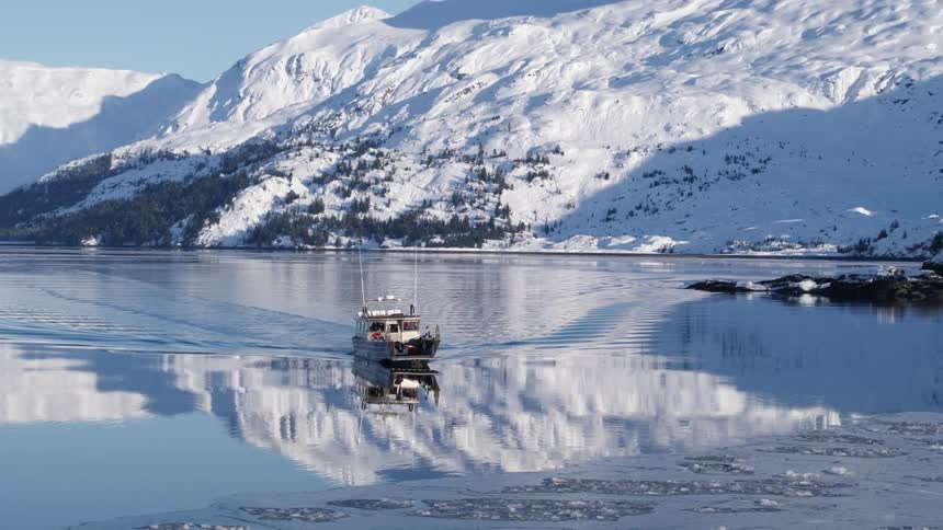 A boat leaving a wake in a lake that is reflecting snow-covered mountains