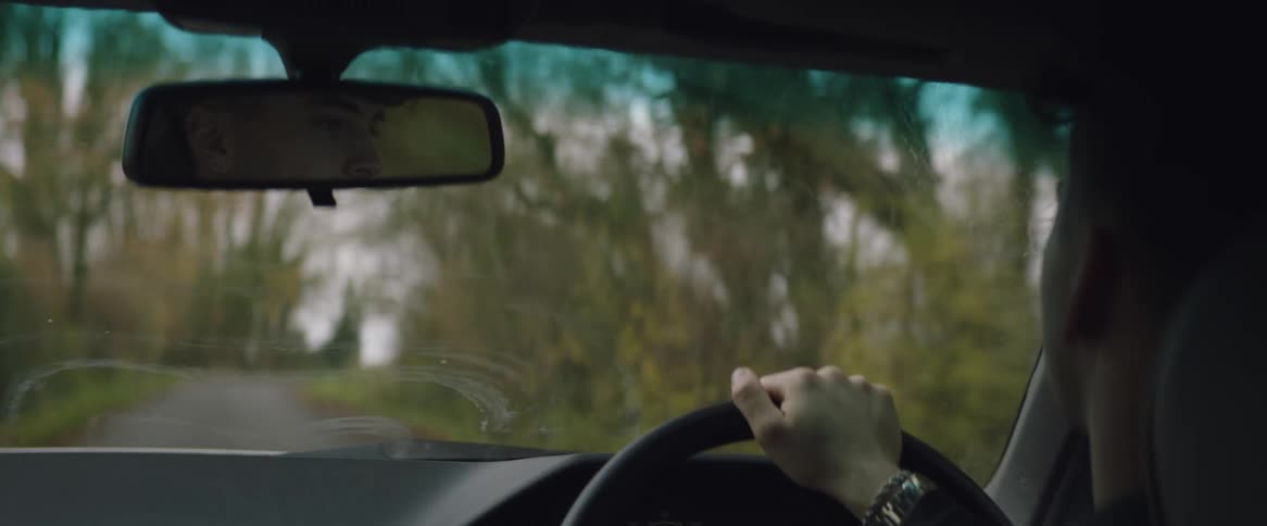 Man with silver wristwatch drives on country road