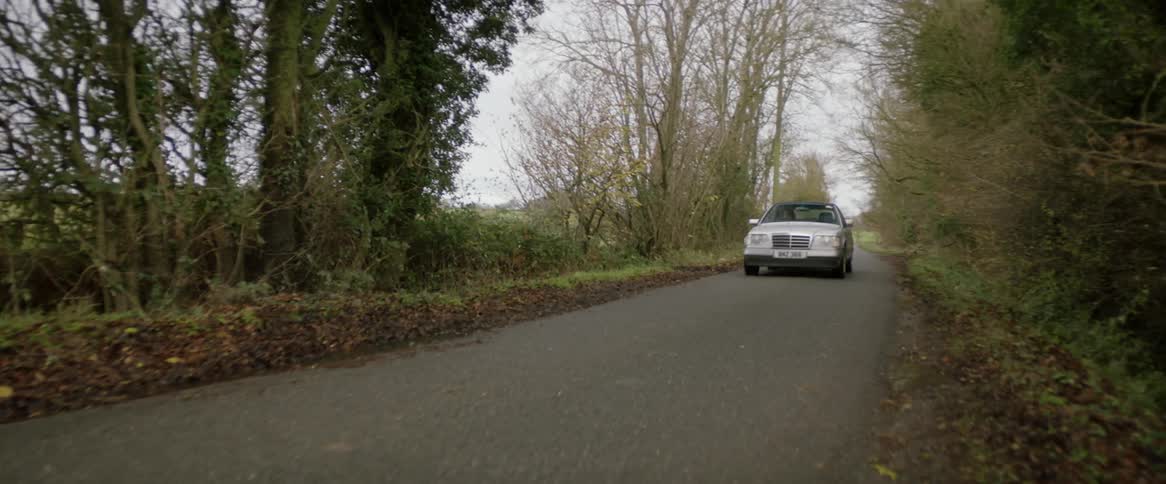 Car drives along road bordered with shoulders strewn with fallen leaves