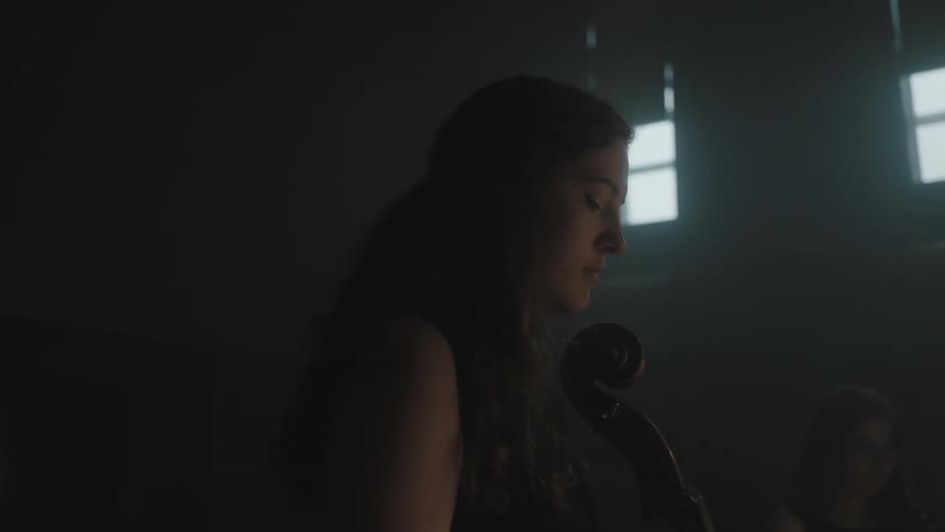 A woman stands in the dark with a musical instrument