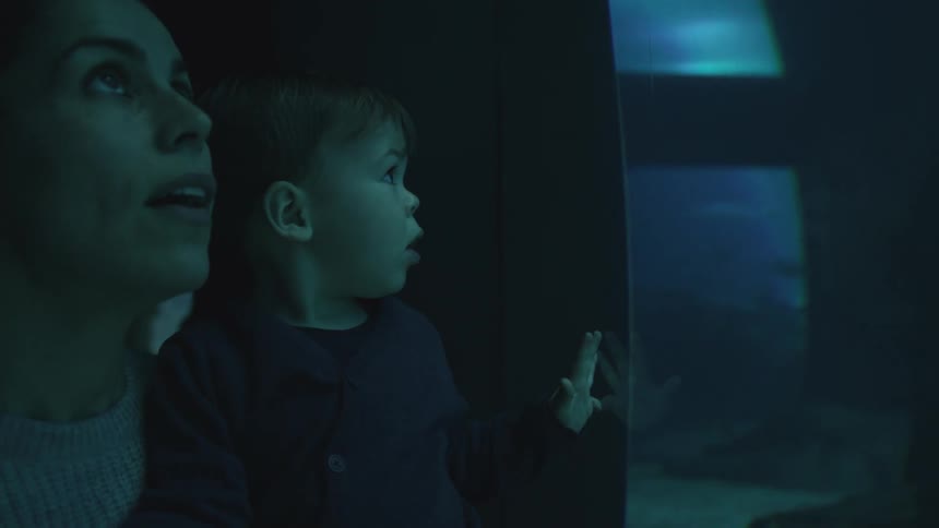 A woman points out fish to her son at an aquarium