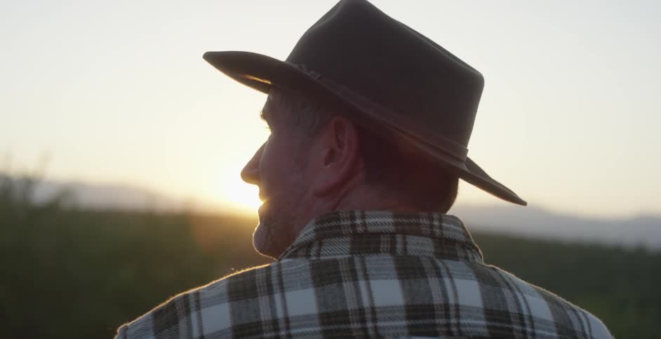 The backside of a man wearing a cowboy hat looking at the sunset