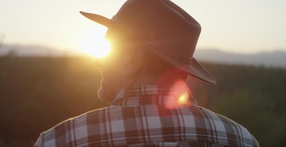 Man stands looking at landscape as sun shines onto him from horizon