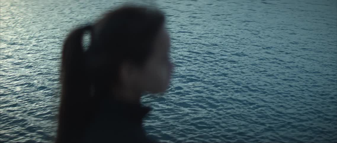 A young girl with long hair is staring in stillness with the ocean in the background