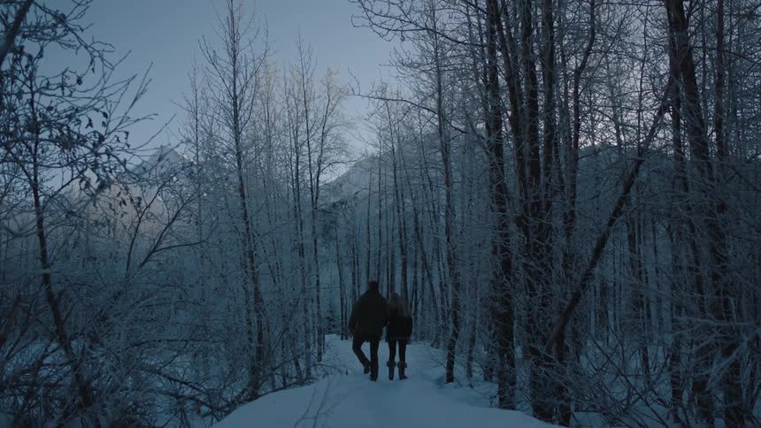 A couple hold hands as they walk through a winter forest