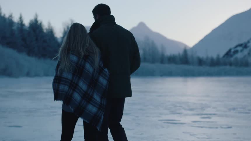 A man and woman walk arm and arm across a frozen lake