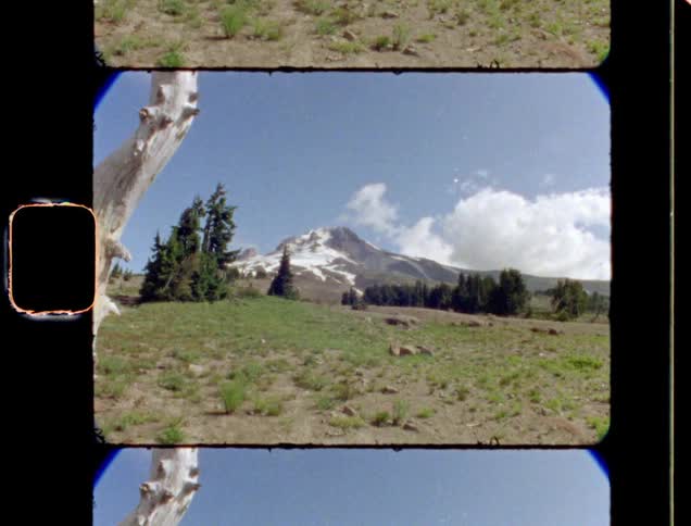 A tall mountain with snow on it towers above the nearby hills and forests