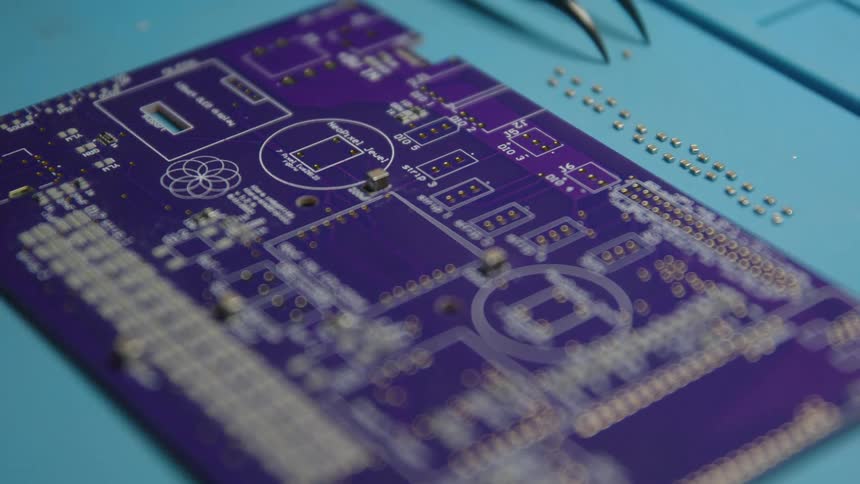 Close up of surface mount components of printed circuit board next to tweezers