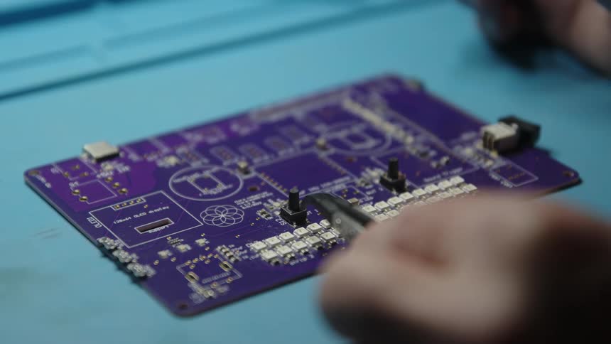 A person carefully uses tweezers to position a component on a circuit board