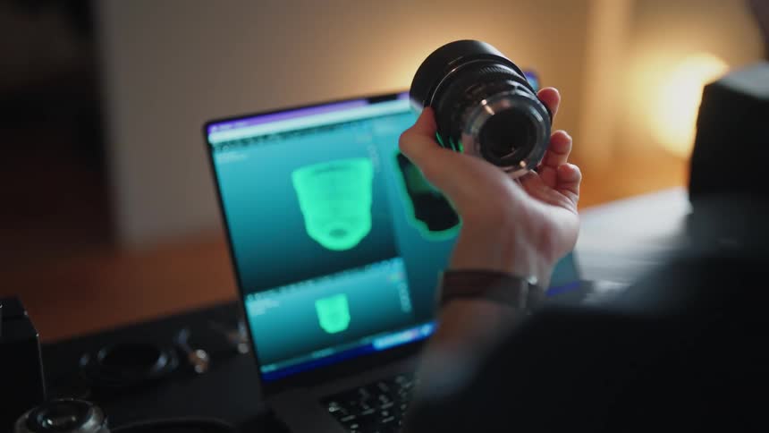 Man sitting in front of laptop running camera lens software while manually adjusting a dslr camera lens
